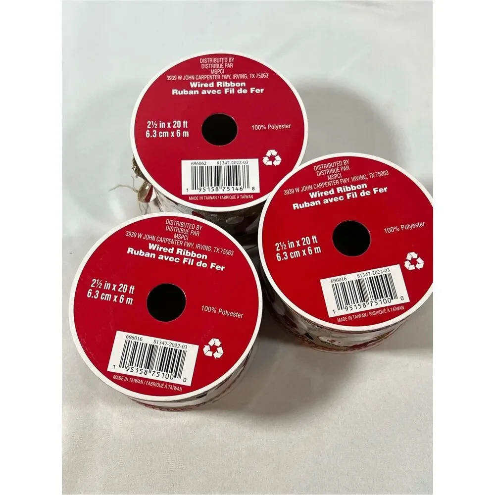 Wired Ribbon 2.5”x20ft (60ft or 20yds total) Santa Claus Christmas Tan Red White